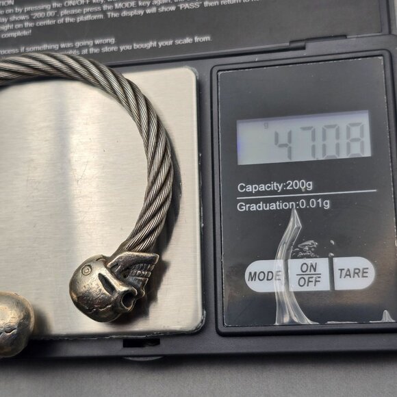 VTG Gaboratory Sterling Silver & Steel Gothic Skull Torque Cuff Bracelet 7.5" - Picture 10 of 11